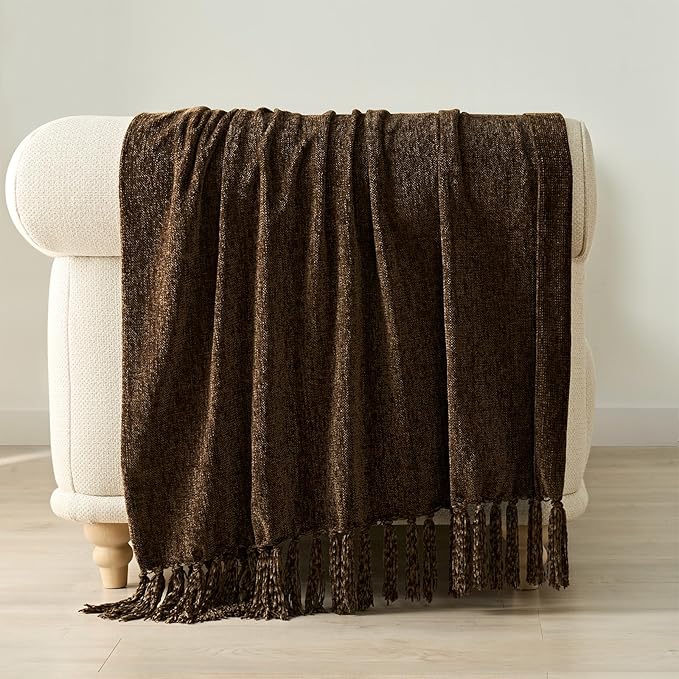 EVERGRACE Soft Chenille Throw Blanket for Couch, Cozy Plush Fuzzy Decorative Chenille Knit Throw Blanket with Tassels, Lightweight Blanket and Throws for Bed Sofa Gift Home Decor, Dark Brown 50"x60"