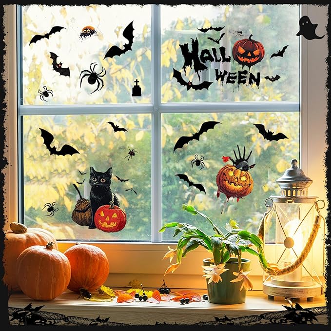 Indoor/Outdoor Halloween Decor Set - Mantel Scarf, Pumpkin Spider Table Runner, Window Stickers, 3d Bats & Spiders, Happy Halloween Banner, Spiders Hanging Garland