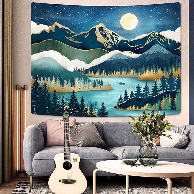 Accnicc Mountain Tapestry Nature Forest Tree Tapestries for Bedroom Aesthetic Starry Night Moon Stars Tapestrys Wall Hanging Teal Abstract Wall Tapestry for Dorm Living Room (Teal, 90'' × 68'')