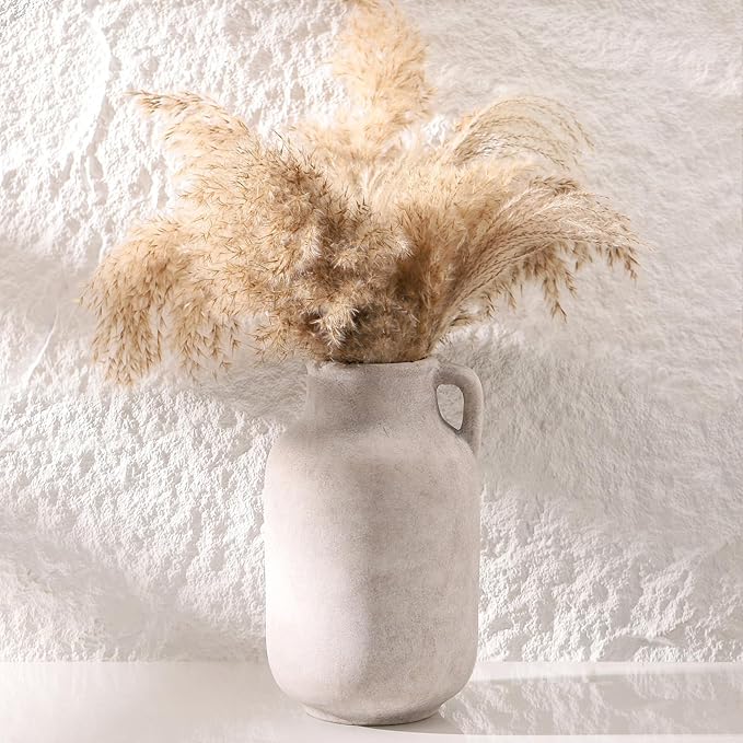 Ceramic Flower Vase Home Decor - 9.7 inch Large White Rustic Table Flowers Vases Living Room Bedroom Plant Decoration Farmhouse Vintage for Kitchen Shelf Office Coffee Dining Desk House Women