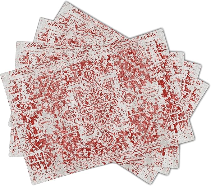 Gray Red Boho Placemats Set of 4 Ethnic Bohemian Carpet Place Mats Washable Kitchen Dining Vintage Grey Geography Floral Linen Table Mats Stain Heat-Resistant Cloth Tabel for Home Party 12x18 in