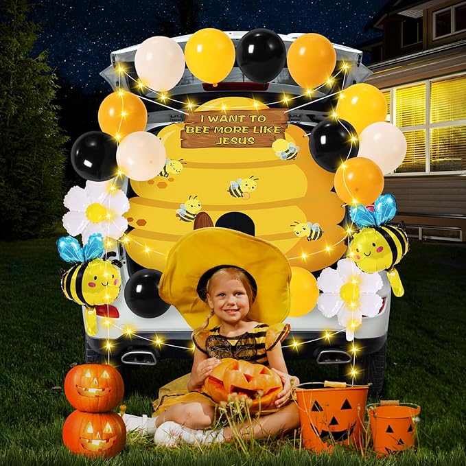 Halloween Trunk or Treat Car Decorations Kit - Halloween Car Decor with Bee Theme Banner, Balloons, Yellow String Lights, Halloweens Outdoor Decorations for Cars SUV Garage Door Entryway Archway