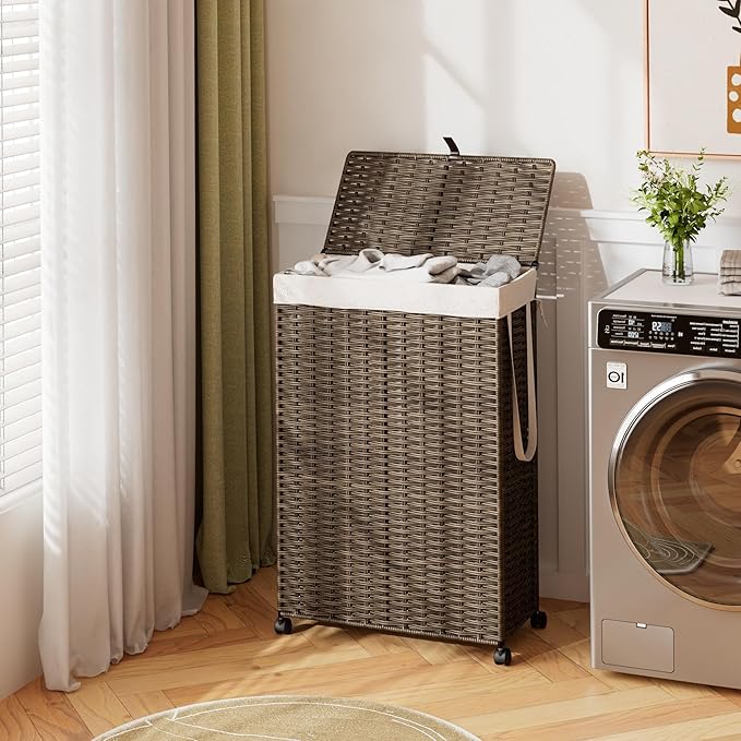 Rolling Laundry Hamper with Wheels and Lid, 90L Slim Laundry Basket with Removable Bag, Foldable Handwoven Rattan Laundry Sorter, Narrow Dirty Clothes Basket Organizer, No Assembly, Vintage