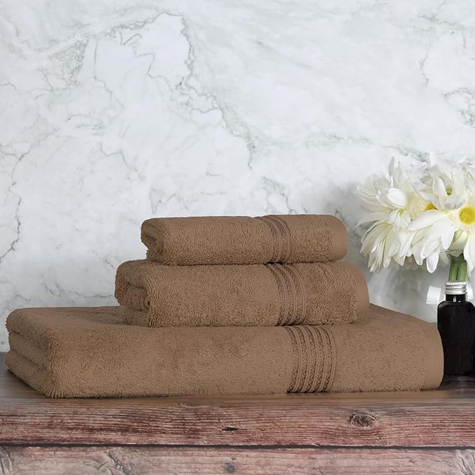 Superior Egyptian Cotton 3-Piece Towel Set, Basic Towels For Bathroom, Home Decor, Guest Bath, Shower, Apartment, Included 1 Face, 1 Hand, 1 Bath Towel, Washcloth, Quick Dry, Mocha