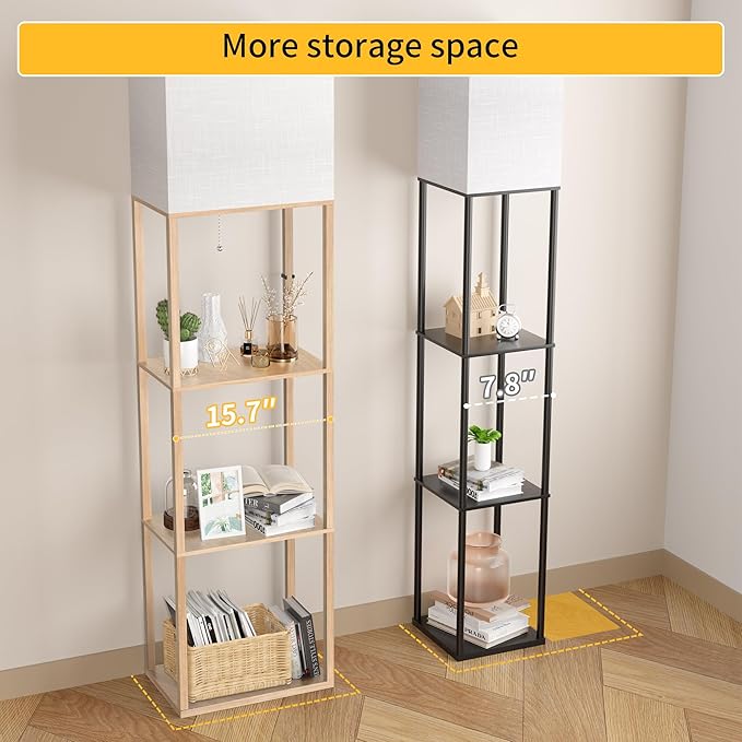 Dott Arts Floor Lamp with Shelves, Wide Floor Lamps for Living Room Display Shelf Lamps with 3 Color LED Bulb,Storage Wood Modern Floor Lamp for Bedroom Standing Lamp for Living Room Office(Burlywood)