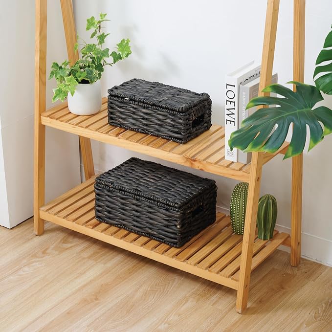 Wicker Basket with Lid - Decorative Storage Boxes for Home Decor, Shelves - Woven Basket with Lid - Wicker Decor - Rattan Box - Decorative Bins with Lids (Black)
