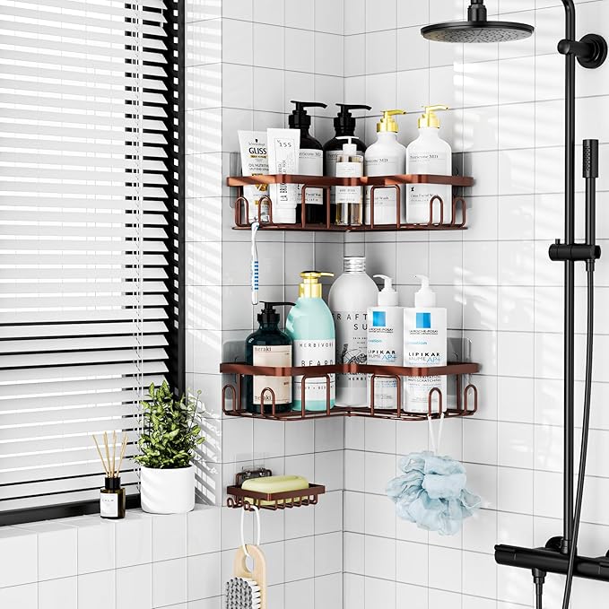Moforoco Adhesive Corner Shower Caddy, 3 Pack Organizer with Soap Holder and 12 Hooks, Rustproof Shower Shelves for Bathroom, Brown