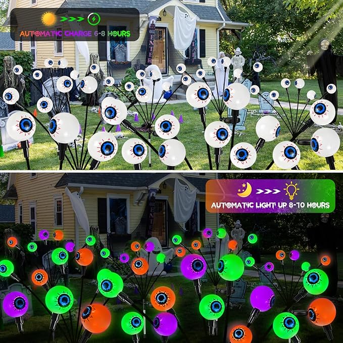 6Pack 36LED Orange,Purple and Green Solar Halloween Eyeball Lights Outdoor, Solar Garden Lights Outdoor Waterproof, Firefly Light Swaying by Wind with 2 Modes for Pathway Yard Halloween Decorations
