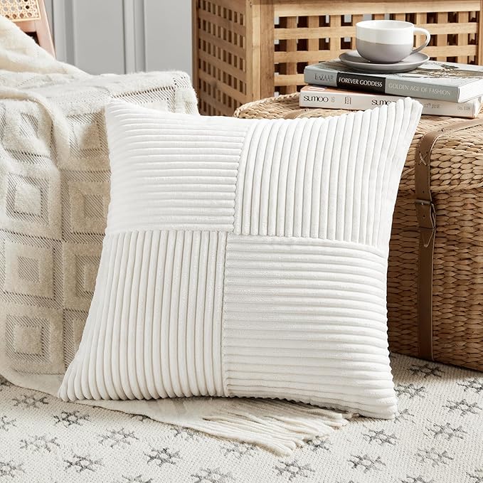 Fancy Homi 2 Packs Cream White Samll Decorative Throw Pillow Covers 12x12 Inch with for Couch Bed Sofa, Rustic Farmhouse Boho Home Decor, Soft Corss Patchwork Corduroy Square Cushion Case 30x30 cm