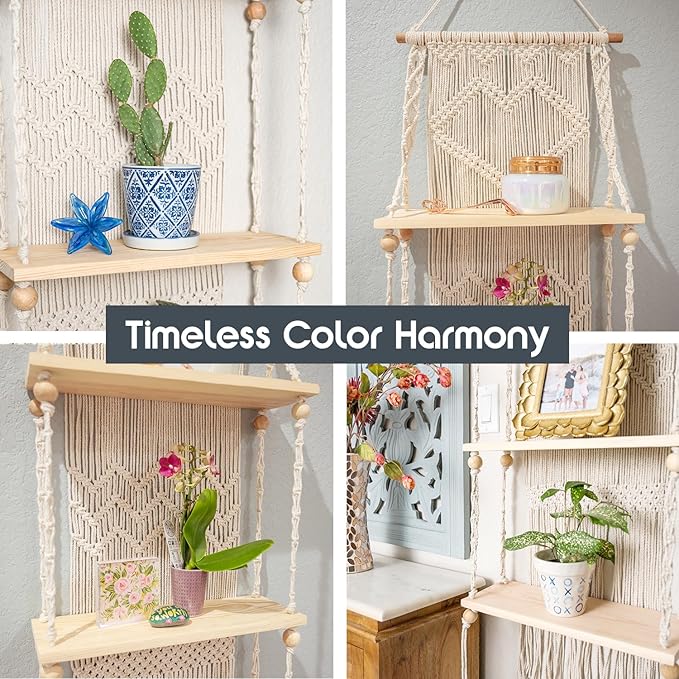 SnugLife Macrame Wall Hanging Shelf - 3 Tier Wall Plant Hanger Shelves with Handmade Woven Rope - Boho Shelves Organizer for Kitchen, Bathroom, Home Storage, Floating Plant Shelf (Pine Wood)