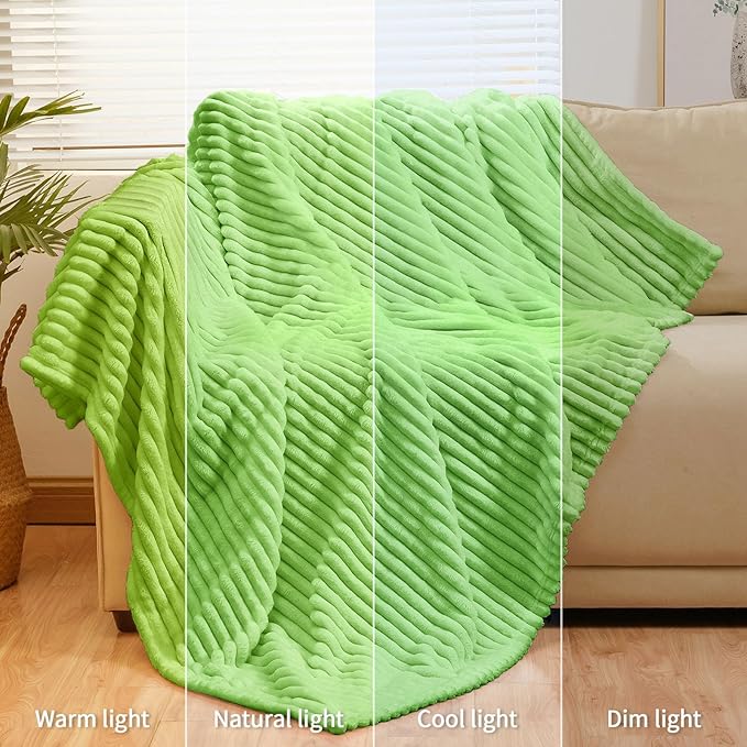 Bnuitland Light Green Flannel Throw Blanket (60X80 inches) with Storage Pouch,300GSM Super Soft Fleece Stripe Pattern Sofa Blanket for Adults, Lightweight Cozy Bed Throw for Home Decor All Season