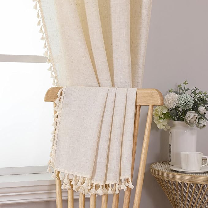 Joydeco Linen Boho Curtains 63 Inch Length 2 Panels, Super Soft Bohemian Farmhouse Curtains with Tassels, Semi Sheer Light Filtering Drapes for Bedroom Living Room (Rod Pocket, 52Wx63L)