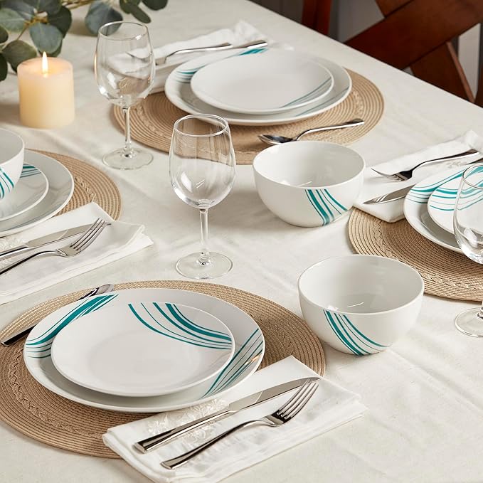 Tabletops Gallery 12-Piece White with Teal Striped Ceramic Dinnerware Set of Kitchen Dishes, Round Dinner Salad Plates Cereal Bowls, Service for 4, Marina