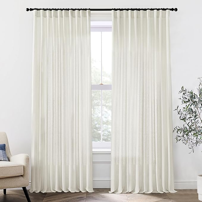 Extra Wide Curtains 70 In Width for 60 & 72 Inch Window,Pleated Back Tab Linen Semi Sheer Full Length Curtains for Living Room Sliding Glass Door 2 Panel Set,72x108,70x108,6FT x 108 Inches Long,Cream