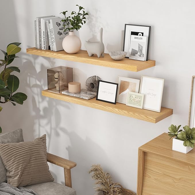 48"W x 9"D Floating Shelves Set of 2, 9.3 Inch Deep Floating Shelves Wall Mounted, Wide Wall Shelves Invisible Bracket, Deep Storage Shelves for Living Room, Bathroom, Kitchen, Oak Color