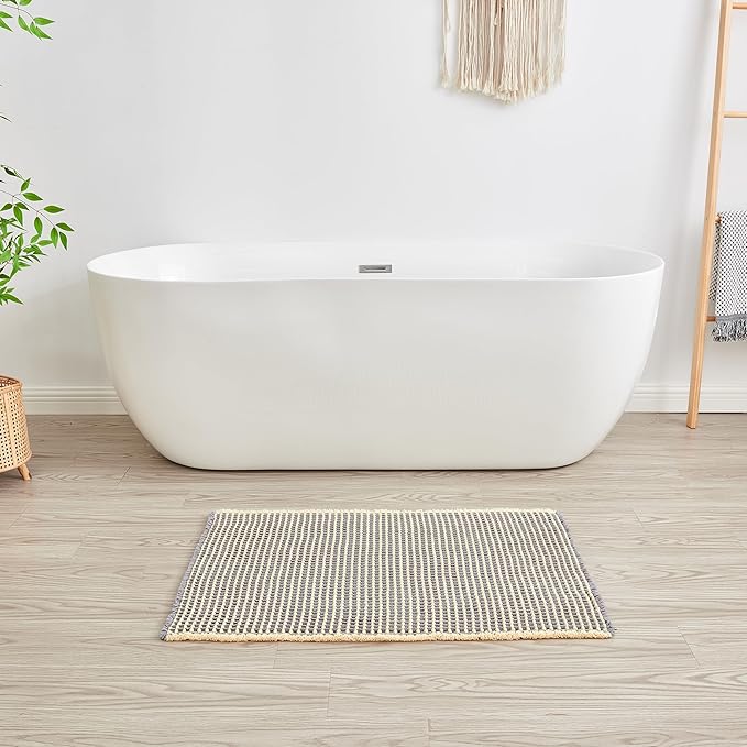 Douceur Waffle Bath mat for Bathroom Floor Non Slip, Super Soft Acrylic Blend Bath Rugs with Tassels, Quick Dry Bathroom Rugs Machine Washable, 16" x 24", Grey&Yellow