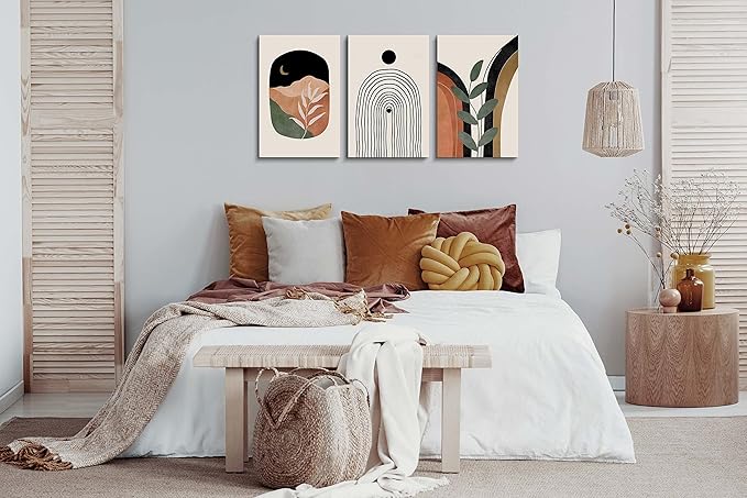 Boho Wall Art Prints Set of 3, Boho Wall Decor, Mid Century Modern Prints Sun Moon Leaf Mountain Canvas Wall Painting, Neutral Abstract Geometric Prints Canvas Artwork Prints for Bedroom Bathroom