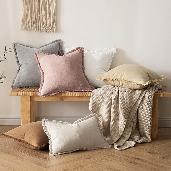 MIULEE Decorative Throw Pillow Covers Neutral Linen Fringe Throw Pillows Euro Shams Set of 2 White Boho Farmhouse Cushion Covers for Couch Sofa Bed Living Room Spring Home Decor 22x22 Inch