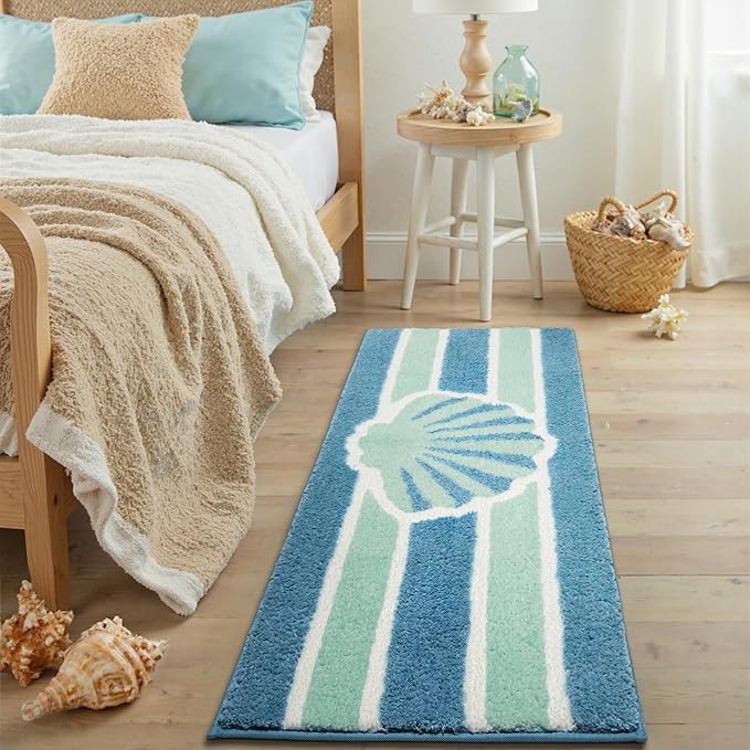 Blue Beach Long Bathroom Rugs Runner Non Slip Washable Cute Coastal Bath Mats Rugs for Bathroom Floor Nautical Fluffy Plush Soft Absorbent Farmhouse Carpet for Shower, Tub, 20x47 inch