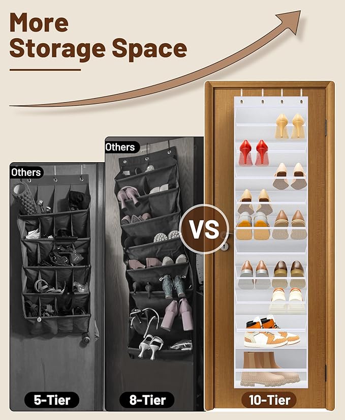 MISSLO 10 Tier Over the Door Shoe Organizer Breathable Mesh Hanging Shoe Rack for Closet Storage Shoe Holder for Door Fit 20 Pairs Sandals, Heels, Boots (White)