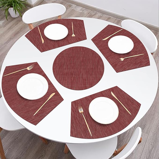 SHACOS Large Size Wedge Placemats with Centerpiece Round Mat Set of 5 Round Table Place Mats Washable Dining Table Placemats Reversible Durable, Burgundy