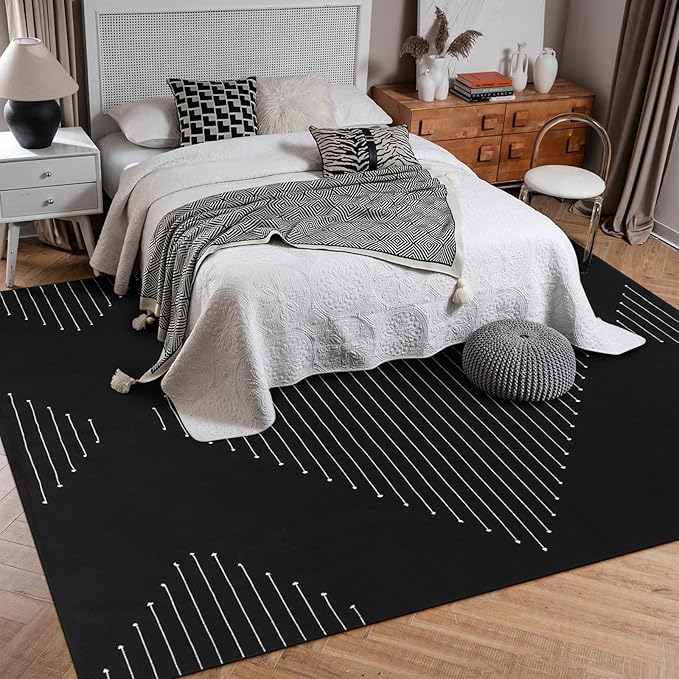 LIVEBOX Boho Area Rug 8' x 10' Black Living Room Rug Washable Moroccan Cotton Rugs for Bedroom, Large Thin Carpet Indoor Outdoor Floor Rug for Dining Room Home Office