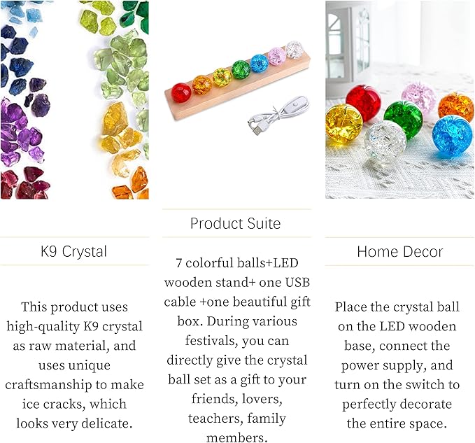 7 Colors 40mm Ice Cracked Balls Crystal Chakra Balls with LED Wooden Base Glass Healing Sphere Balls with Stand Night Light Decoration Quartz for Home Living Room