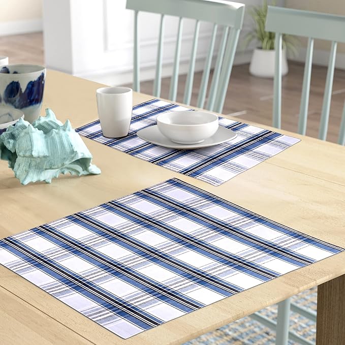 Urban Villa Christmas Placemats Snow Blue Color Checked 100% Cotton Fused Placemats 14''x 20'' Over Sized Set of 6 Use Heavier Quality Christmas Special placemats Quality