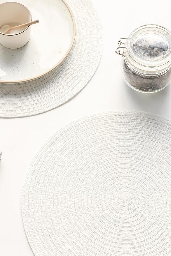 Floroom 15 Inch Round Braided Placemats Set of 6, Washable Heat Resistant Cotton Polyester Circle Place Mats for Kitchen Dining Table - White