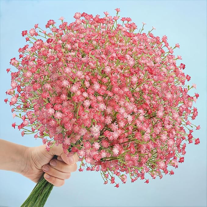 N&T NIETING Babys Breath Artificial Flowers Bulk, 24Pcs Fake Gypsophila Bouquet Flowers Real Touch Faux Babies Breath Arrangement for Wedding Floral Party Home Centerpieces Vase Decoration, Pink