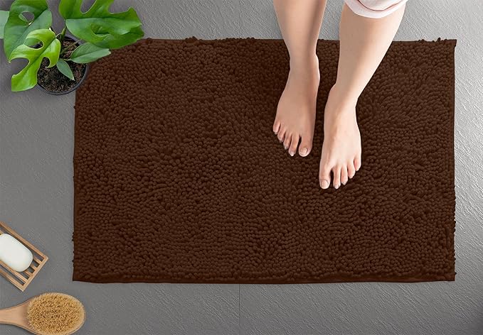 LuxUrux 2-Piece Bathroom Rug Set – Ultra-Plush Chenille Mats, Includes Runner Rug, Soft, Absorbent, Non-Slip & Stylish (27x47 & 16x24 inches, Brown)