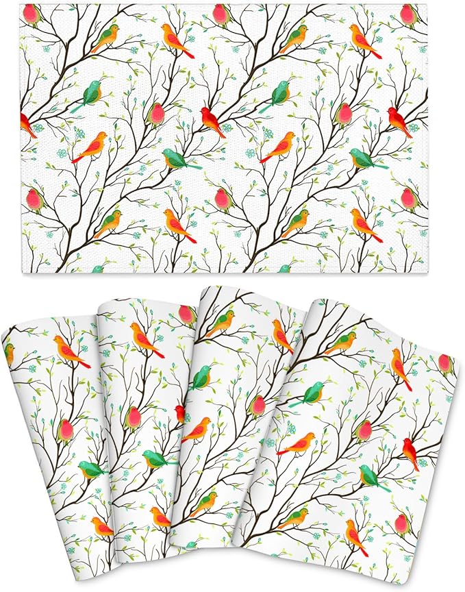 Birds on Tree Placemats Set of 4 Linen Decorative Table Mat for Dining Table Kitchen Farmhouse Outdoor Spring Summer Home Decor 12"x18" Cute Birds Place Mats