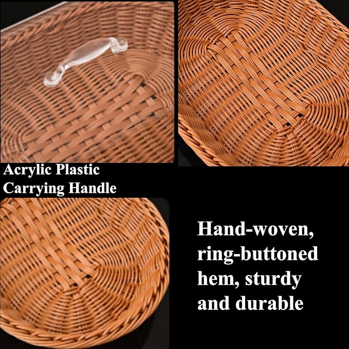 2 Pack Bread Basket with Acrylic Lid and Stainless Steel Tongs Rattan Bread Baskets Woven Fruit Basket with Cover for Food Vegetables Display