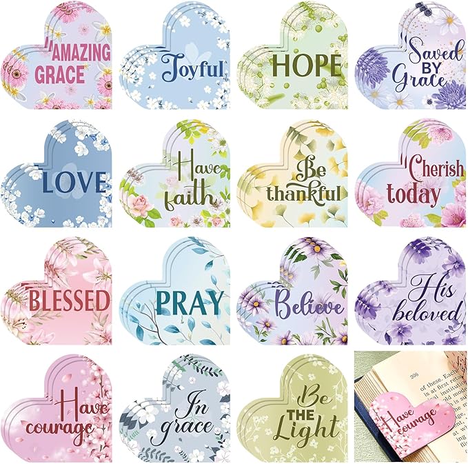 48 Pcs Christian Bible Magnetic Bookmarks for Women Religious Heart Bookmark with Bible Verses Magnetic Page Clips Floral Inspirational Gifts for Church Reading Book Lovers Mother's Day