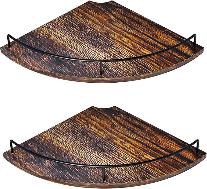 Corner Floating Shelves, Rustic Brown Wood, Set of 2, Wall Mount Storage with Guardrail for Bathroom Kitchen Living Room