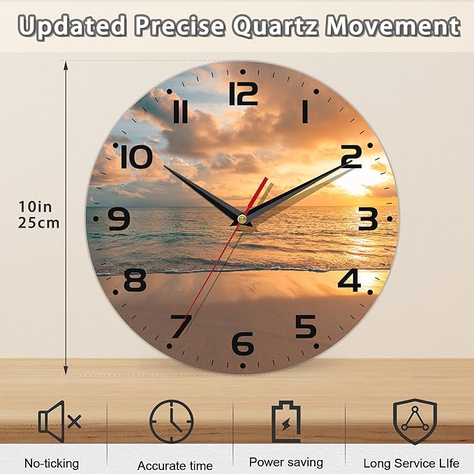 Sunset Beach Wall Clock - Vintage Wooden, Silent Non-Ticking, Battery Operated, Arabic Numerals, Decorative for Kitchen, Office, Classroom - 10 Inch