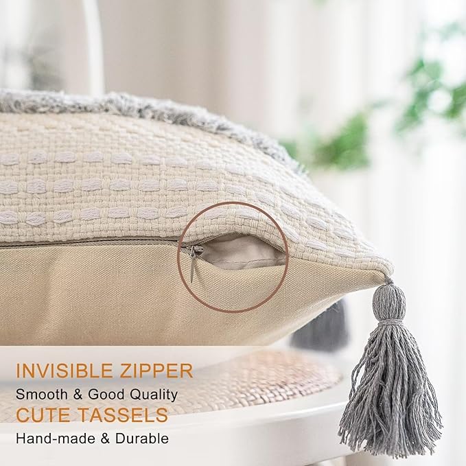 Boho Throw Pillow Covers 20x20 Set of 2 Woven Tufted Farmhouse Pillows Cover with Tassels Textured Striped Cushion Case Neutral Pillow Cases Decorative Pillowcase for Couch, Bed, Light Grey