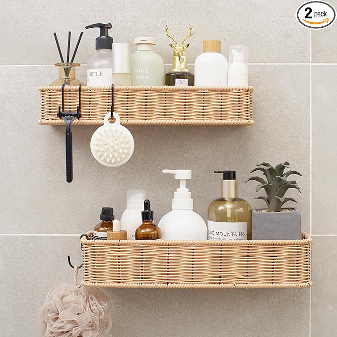 GRANNY SAYS Shower Caddy Hanging, 2 Pack Bathroom Shelves for Shower, Waterproof Shower Shelf for Inside Shower, Shower Shelves for Organization and Storage, Wicker Shower Rack for Home Decor, Nature