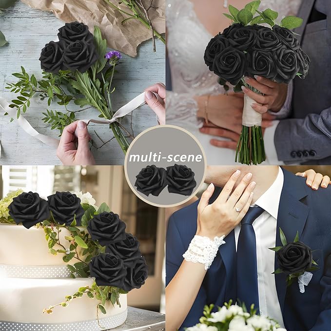 100PCS Black Artificial Flowers Roses Real Looking Foam Fake Roses with Leaves and for DIY Wedding Bouquets Bridal Shower Centerpieces Party Decorations (Black, 100)