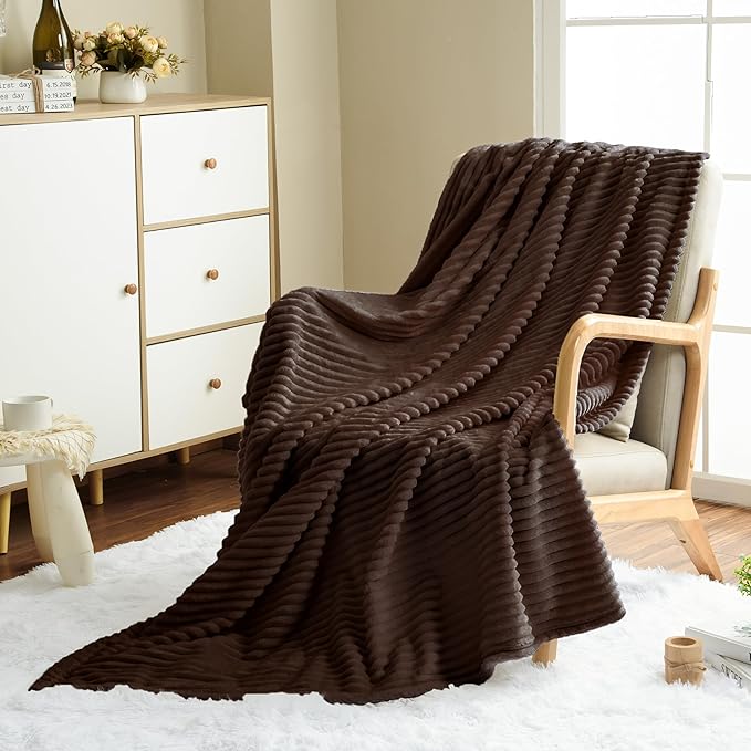 Vessia Flannel Fleece Queen Size Blanket(90x90 inch), 300GSM Cozy Brown Stripe Bed Blanket for Couch, Sofa and Bed, Warm and Soft Chocolate Microfiber Ribbed Decor for All Season