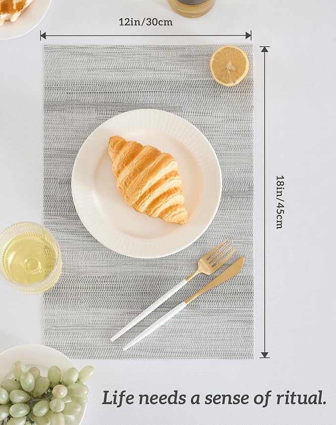 Leetaltree Lightsteel Black Placemats Set of 8 - Heat Resistant Non-Slip Place mats for Dining Table, Washable Durable PVC Vinyl Woven Table Mats (Lightsteel Black, 8)