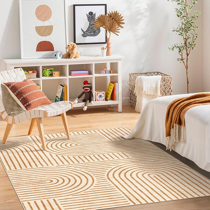 Washable Area Rug 5x7 - Boho Living Room Stain Resistant Soft Bedroom Ultra-Thin Orange Modern Abstract Rainbow Indoor Carpet for Dining Room and Nursery