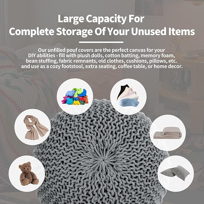 HOMBYS Unstuffed Ottoman Pouf Cover, 100% Cotton Handmade Knitted Ottoman Pouf Cover Round Foot Stool, Floor Bean Bag Chair, Foot Rest Storage for Living Room Bedroom, Light Grey(Cover ONLY NO Filler)