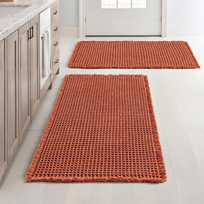 MIULEE Fall Orange Set of 2 Waffle Bathroom Rugs, Boho Bath Rugs Non Slip Washable, Super Absorbent Bath Mats, Ultra Soft Rubber Backed Shower Mats for Bathroom Floor, Tub and Shower, 18x30 Inch
