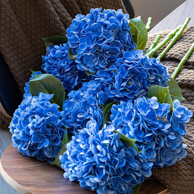 4Pcs 22 inch Lifelike Artificial Hydrangea, 2 Blue & 2 Dark Blue Large Real Touch Flowers Artificial Flowers Dry Flowers Outdoor Wedding Christmas Office Family Party Living Room Table Deco