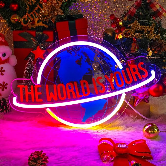 The World is Yours Neon Sign, Remote Planet LED Neon Light Lamp for Wall Decor, USB Power for Man Cave Home Bar Bistro Club Cafe Wedding Game Room Bedroom Birthday Gift Graduation Party (Multicolor)