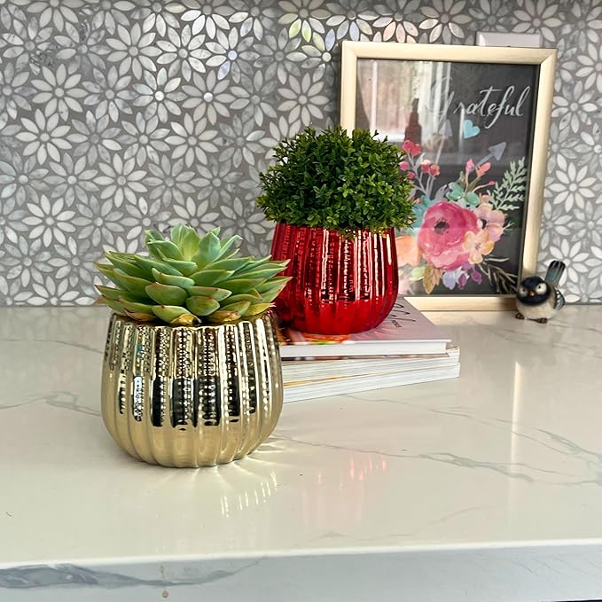 Admired By Nature 4" Ceramic Flower Planter, Ceramic Pot Planter, Indoor Ceramic Bowl, Houseplant Ceramic Pot, Decorative Planter for Indoor Plant Succulent Plant Home Décor, Lightweight, YLW Gold