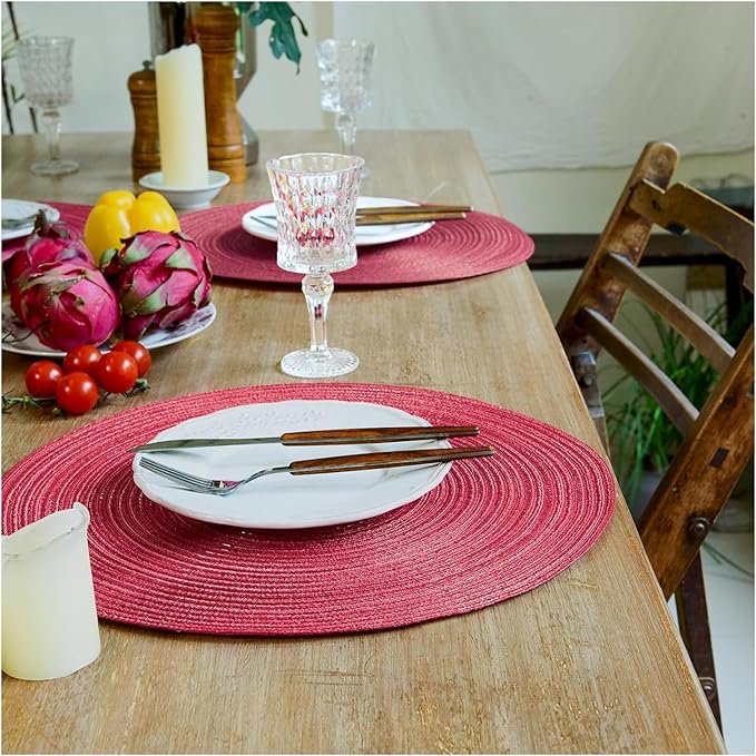 FunWheat Round Braided Placemats Set of 8 Place mats for Dining Tables Woven Heat Resistant Table Mats 15 inch(Raspbreey Wine,8pcs)