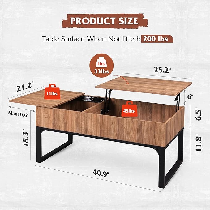 WLIVE Lift Top Coffee Table with Storage, 40.9" Coffee Table with Lifting Top & Sliding Cover, Wood Modern Center Table with 2 Hidden Compartment for Living Room, Walnut Oak