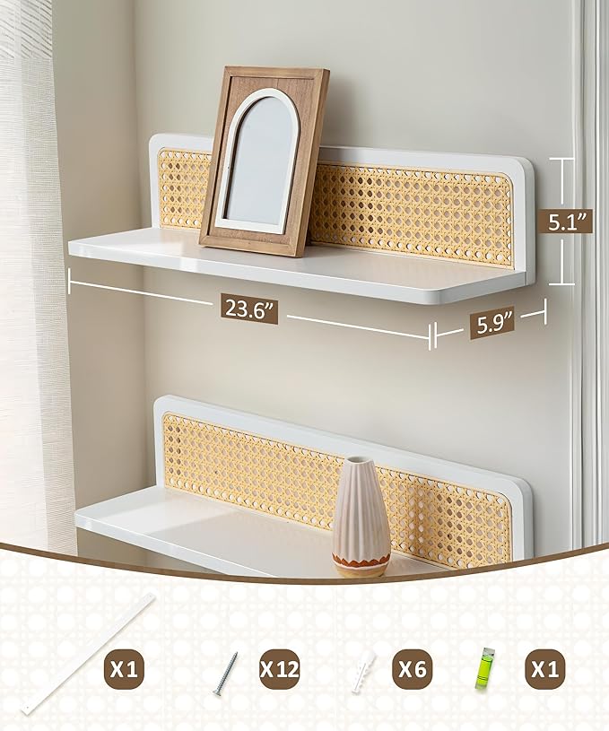 Rattan Floating Shelves, 23.6 Inch Boho Cane Webbing Wall Shelves Farmhouse Display Storage Organizer White Bookshelves Wicker Room Decor for Living Room Bedroom Entryway Hallway, Set of 2